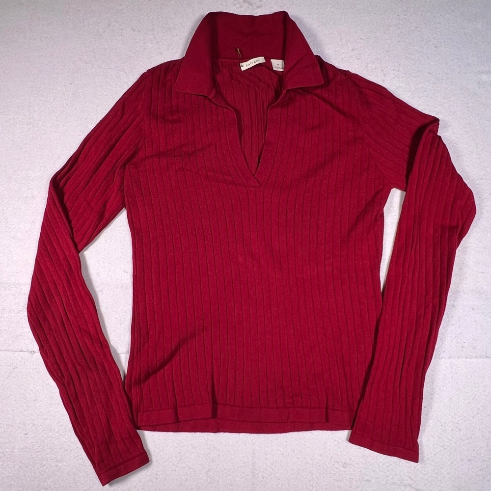 Halogen Ribbed Knit Polo Top Womens Medium Red Excellent
